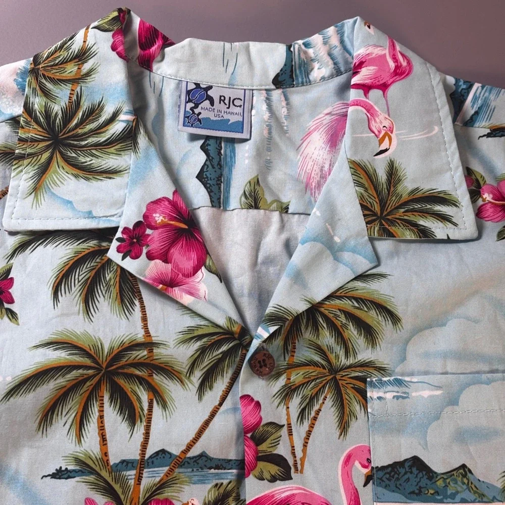 RJC‎ Hawaii Flamingo Aloha Shirt Mens Small Blue Hibiscus Tropical Made In USA
